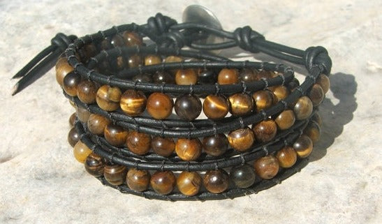 Beaded Leather 3 Wrap Bracelet Tigers Eye On Leather