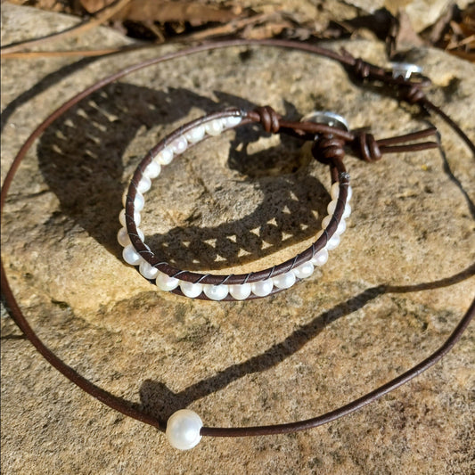Leather And Pearl Necklace Bracelet Combo
