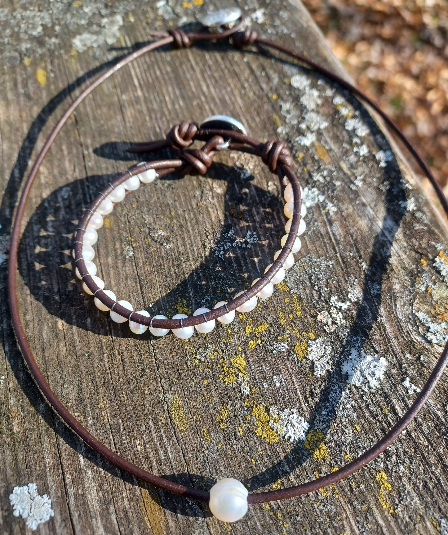 Leather And Pearl Necklace Bracelet Combo