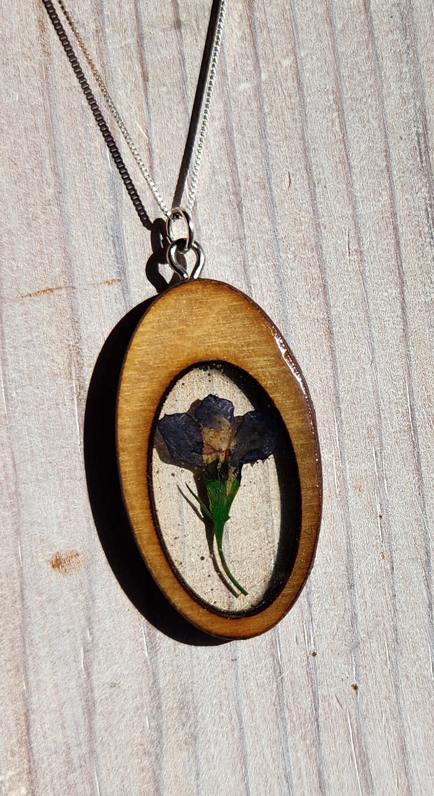 Blue Lobelia Flower Necklace In Wood Bezel
