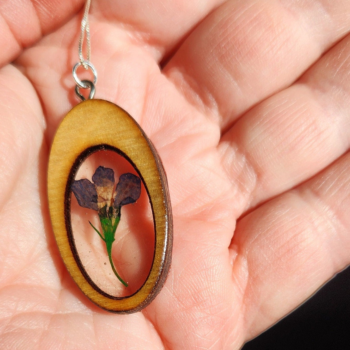 Blue Lobelia Flower Necklace In Wood Bezel