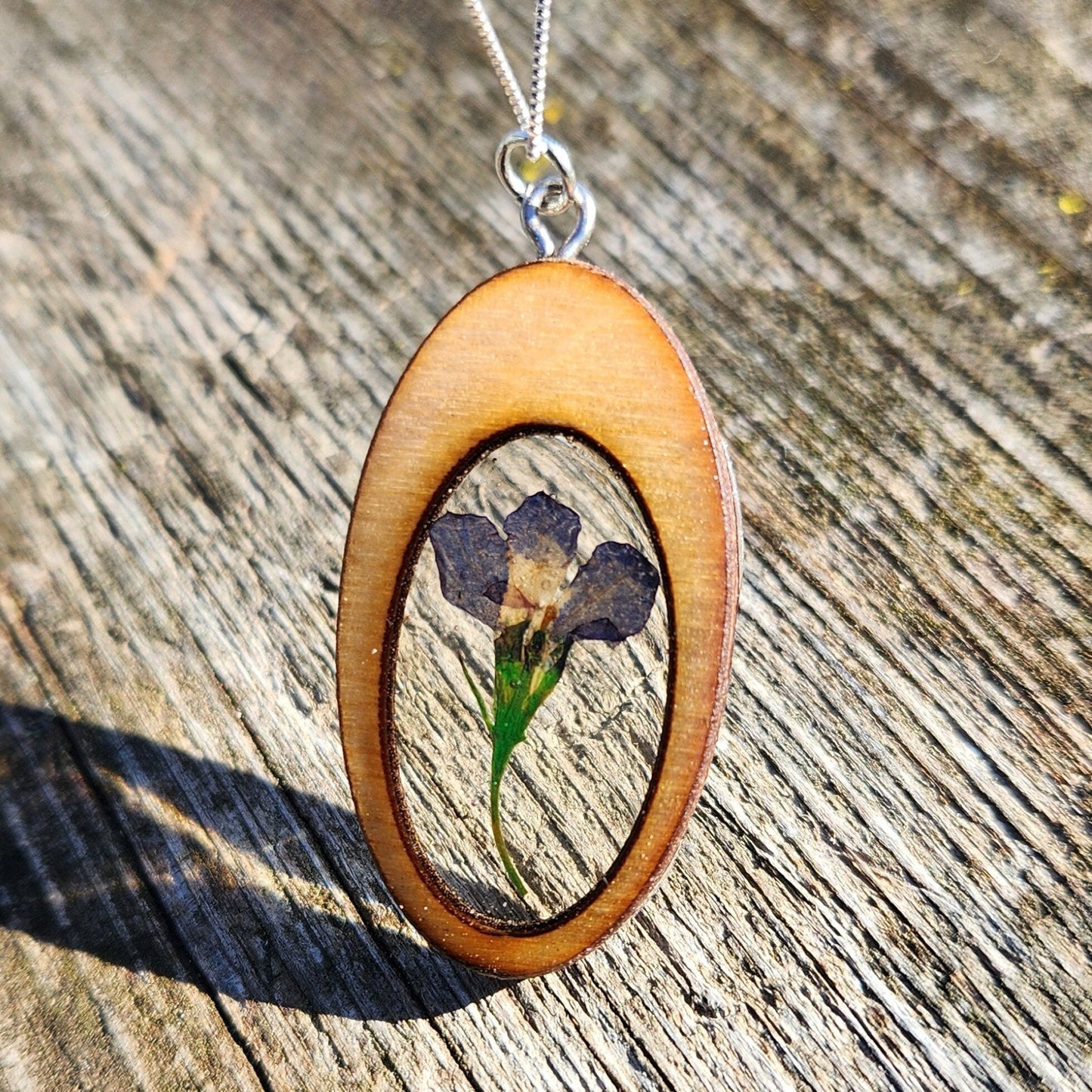 Blue Lobelia Flower Necklace In Wood Bezel