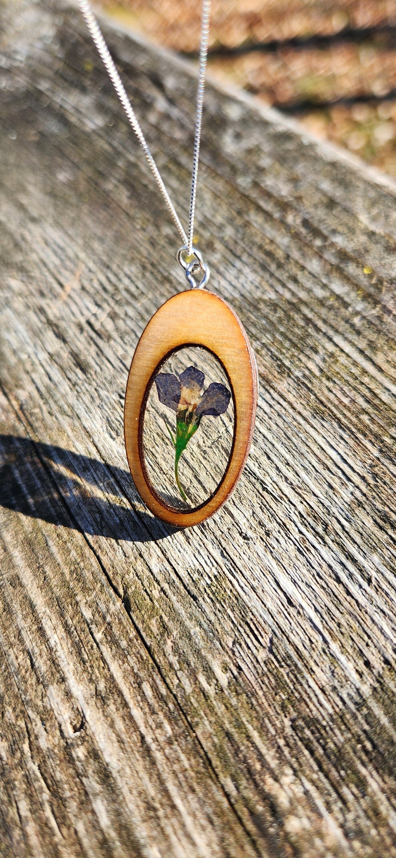 Blue Lobelia Flower Necklace In Wood Bezel
