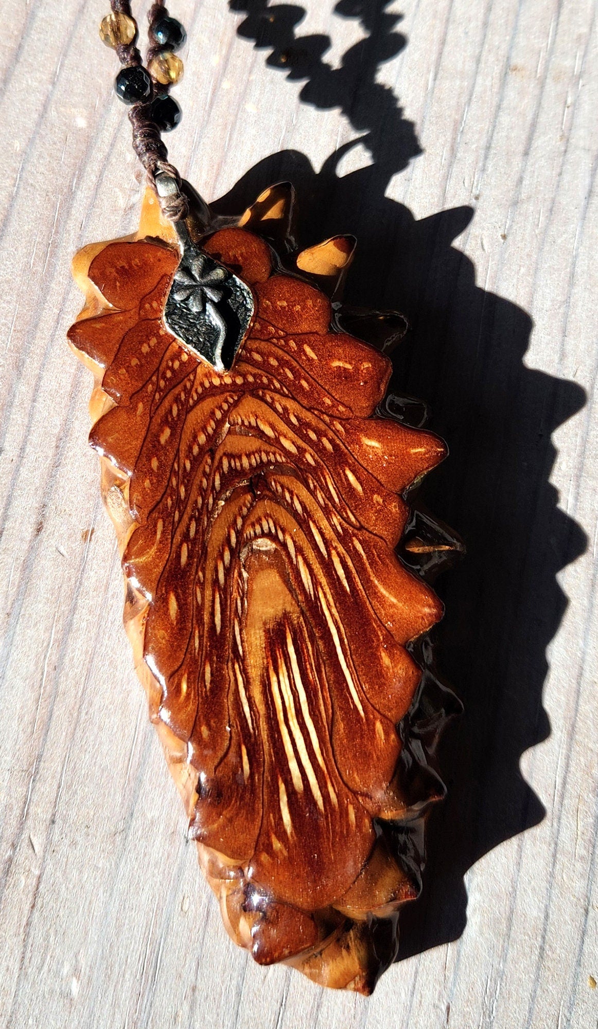 Pinecone Beaded Necklace With Inlayed Turquoise Back