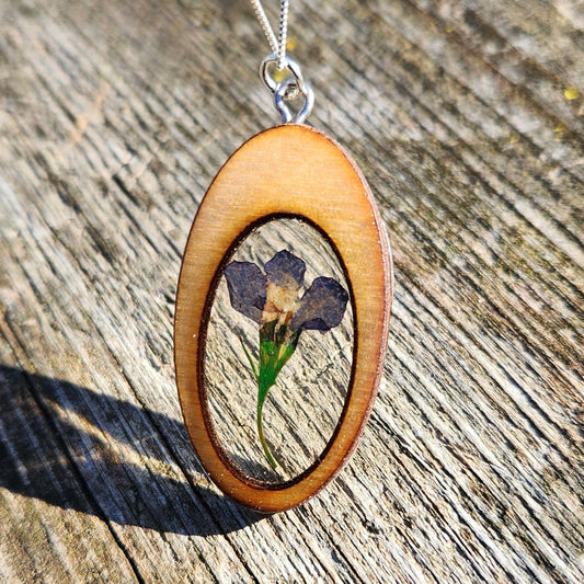 Blue Lobelia Flower Necklace in wood bezel