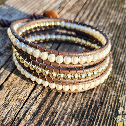 Beaded Wrap Bracelet - Pearls and gold On Leather