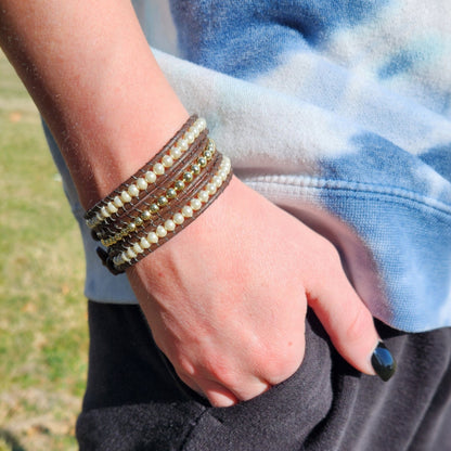 Beaded Wrap Bracelet - Pearls and gold On Leather